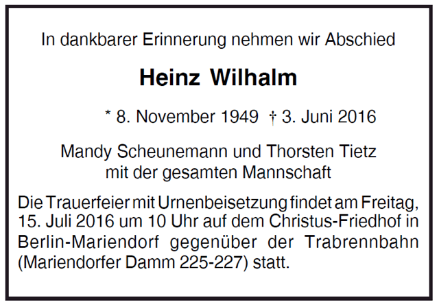 Todesanzeige Heinz Wilhalm